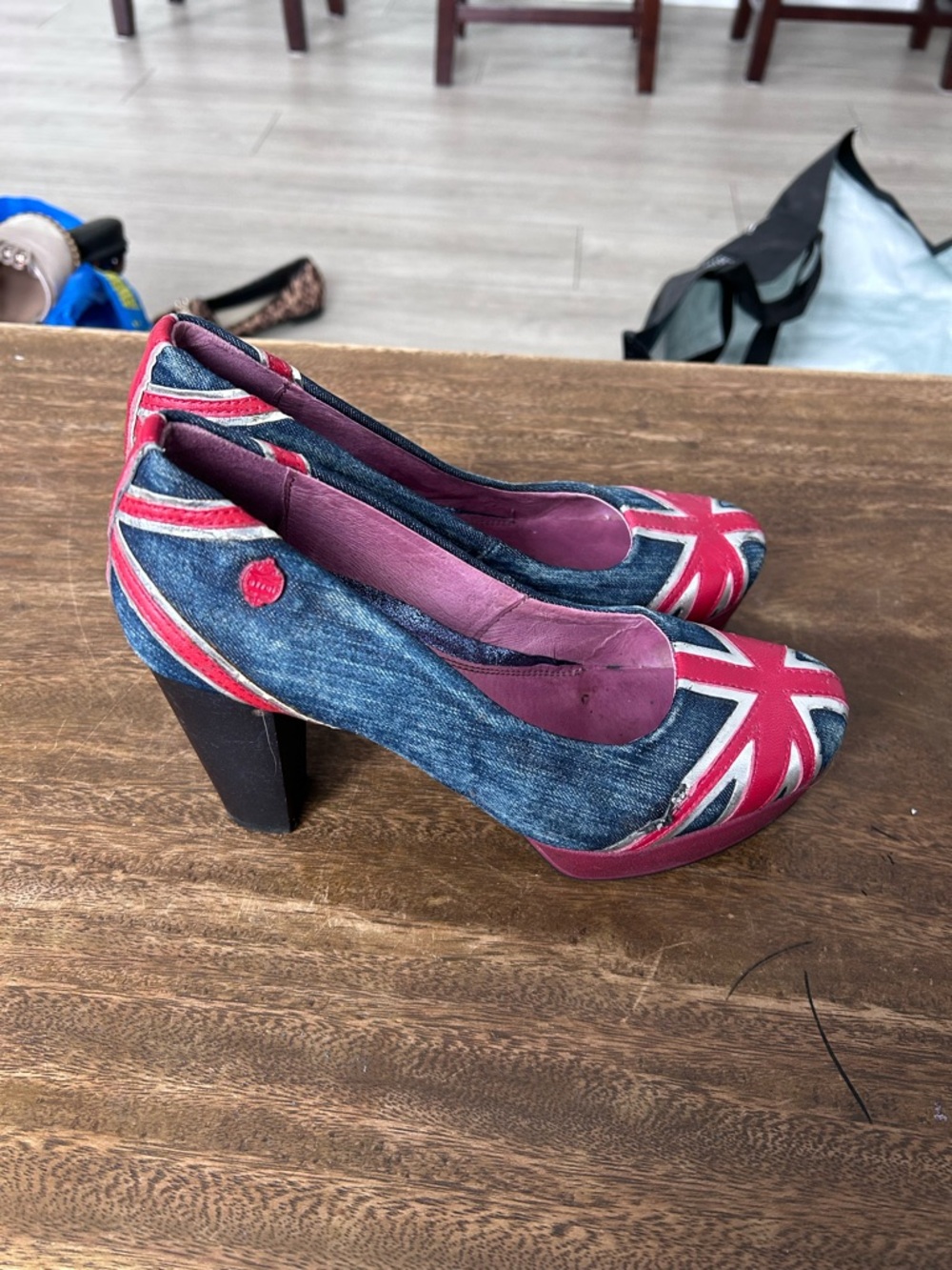 Atrai Blue Denim Heels Red White Union Jack Y2K British Flag Pumps Retro Shoes - Picture 2 of 9